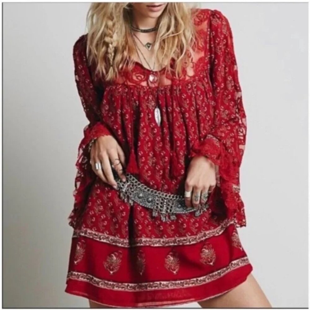 Free People Nomad Child Burgundy Tunic Floral Lacy Mini Dress. Sz: XS